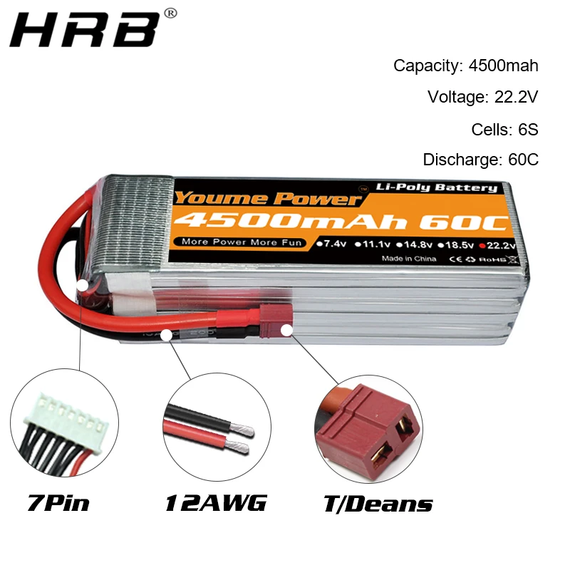 Youme-bater&iacute;a Lipo de 3300mah, 4500mah, 5200mah, 6200mah, 6500mah, T Deans EC5, XT90, 3S, 11,1 V, 2S, 7,4 V, 4S, 14,8 V, 6S, 22,2 V, piezas de coche RC, 2 uds.-1
