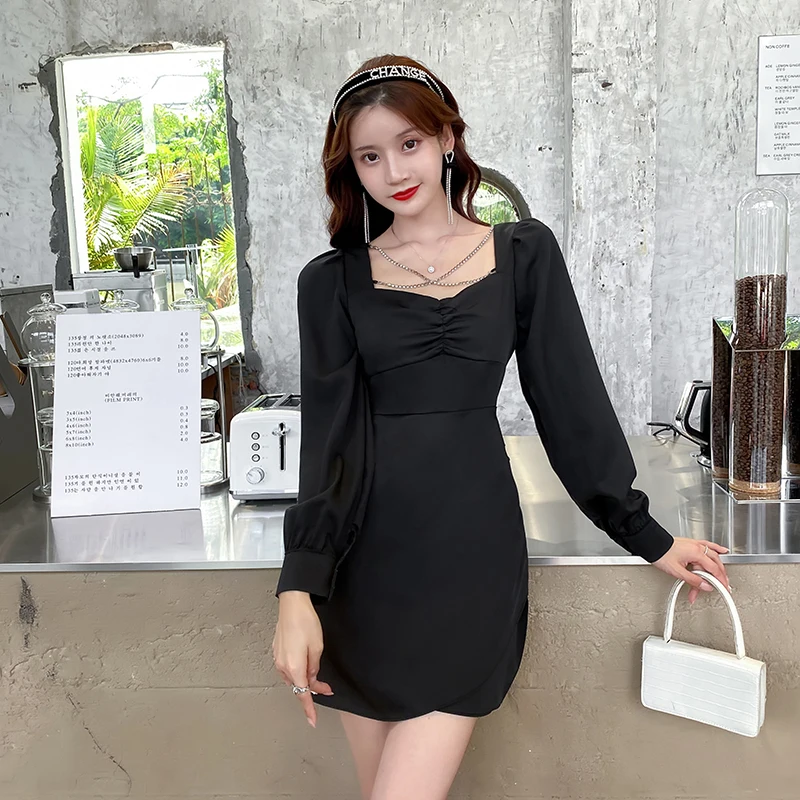 

COIGARSAM Women One Piece Korea Dress Winter Autumn 2021 New Office Lady Sexy Long Sleeve Square Collar Black Dresses Traf Robe