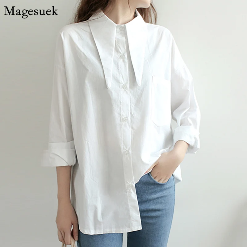 

Vintage White Women Shirt Long Sleeve Cotton Blouse Women Office Lady Loose Button Female Shirts Tops Chic Pointed Collar 17430