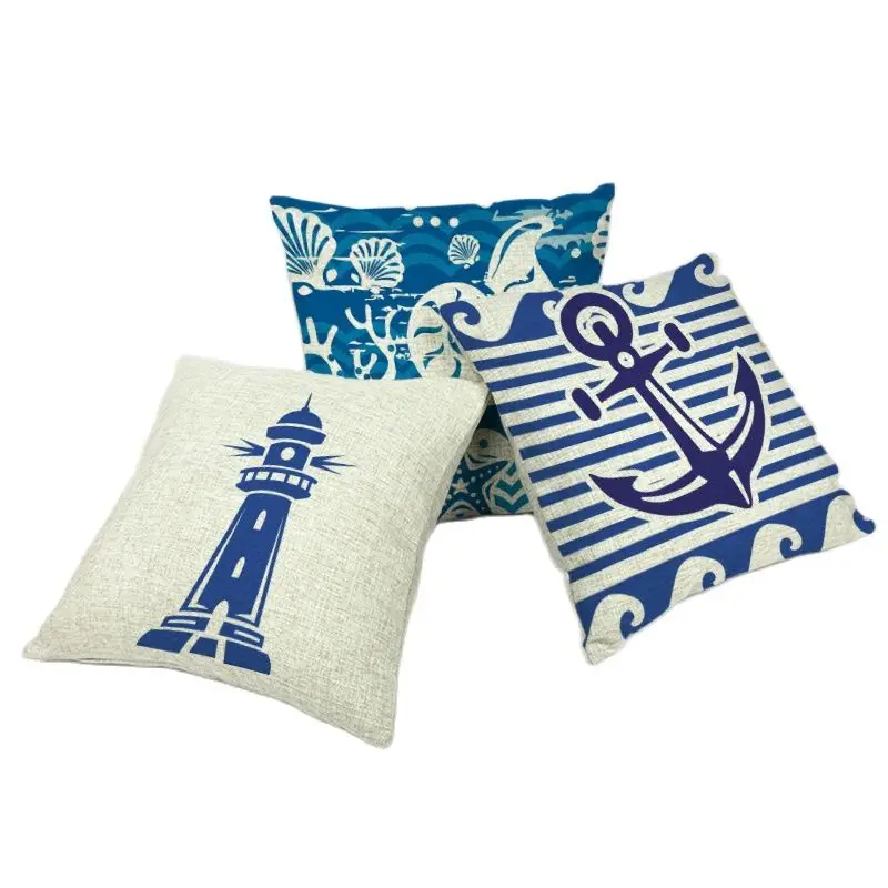 Наволочка современный руль якорь маяк парусник 1 Боковая печать льняная