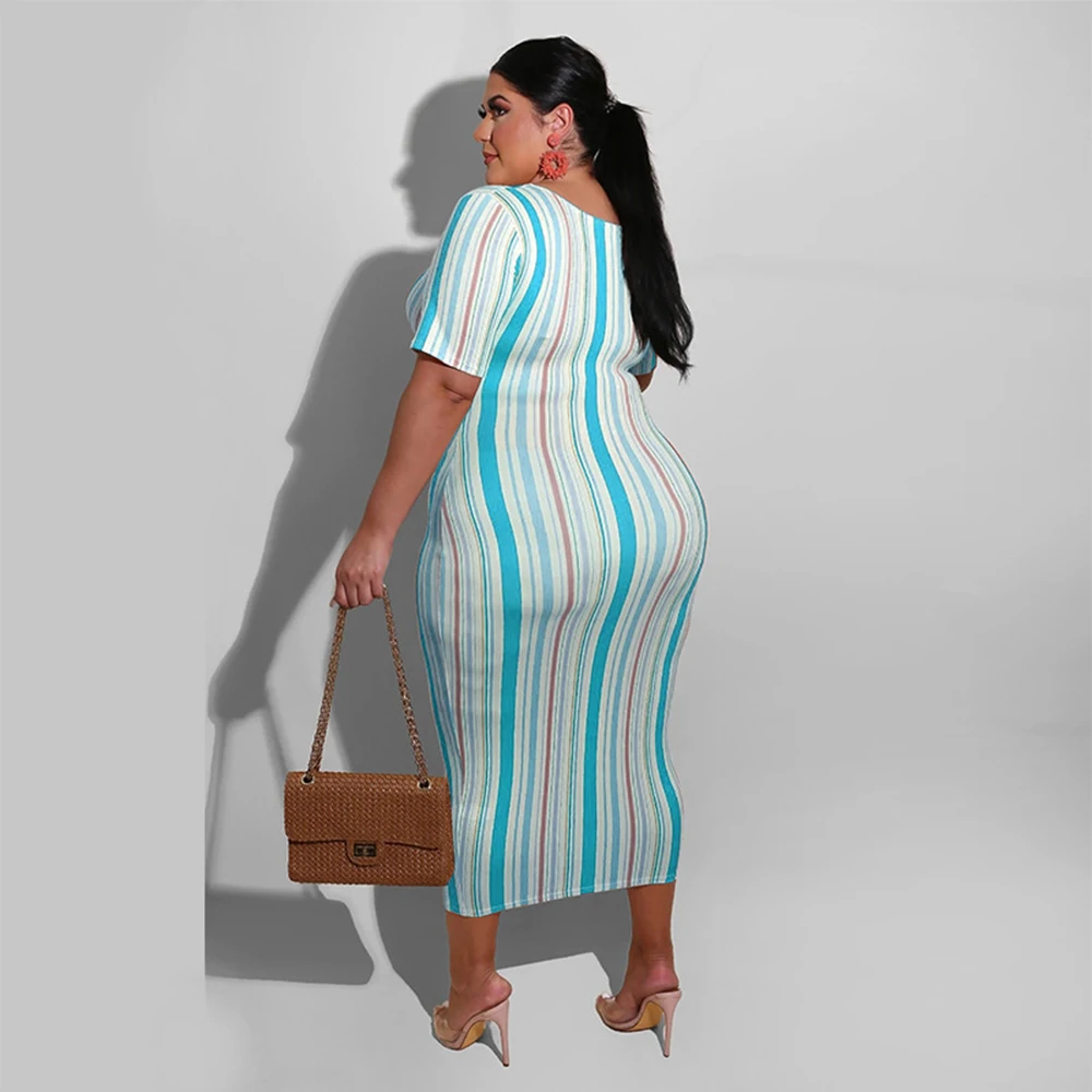

Women Plus Size XL-5XL Striped Print Casual Dress Sashes High Waist O-neck Short Sleeve Midi Bodycon Dress Vestidos