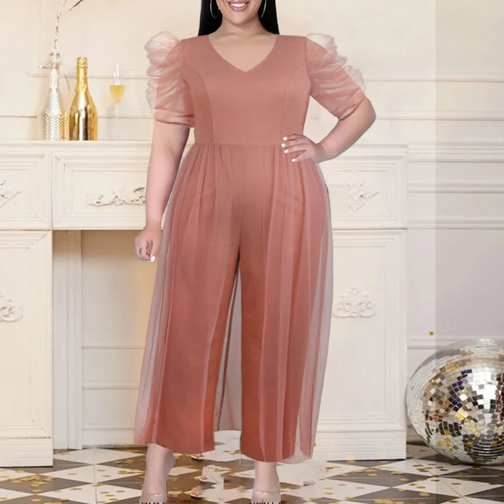 

V-neck Splicing Perspective Net Yarn High Waist Jumpsuit 2021 Summer New Solid Color Plus Size Temperament Casual Summer