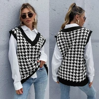 top womens houndstooth knit sweater vest autumn 2021 new loose v neck sleeveless elegant fashion casual vest sweaters pullove