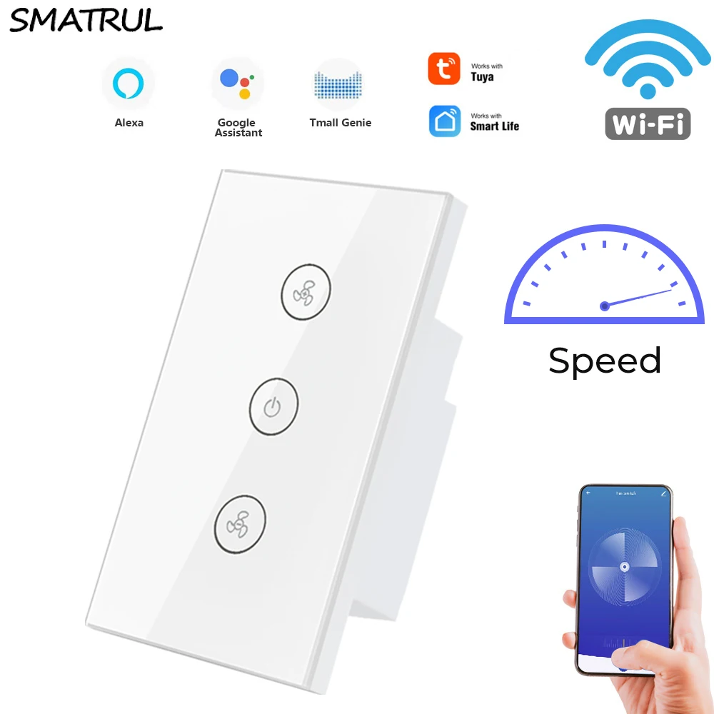 

SMATRUL Tuya Touch Wifi Ceiling Fan Switch US For Smart Life Remote Timer Speed Wall Crystal Glass APP Control Alexa Google Home