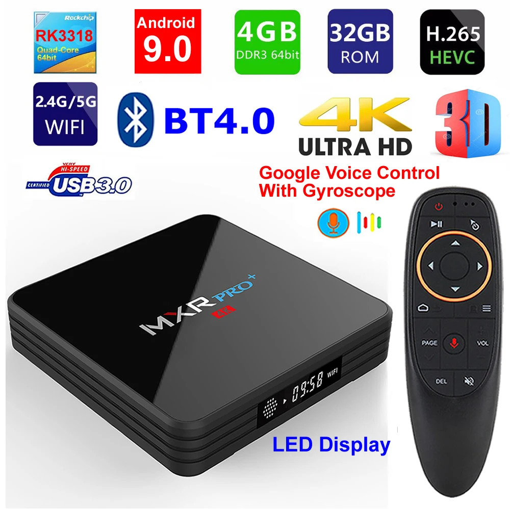 MXR PRO PLUS Android 9,0 4 Гб ОЗУ 32 Гб ПЗУ Smart 4K tv Box RK3318 четырехъядерный цифровой дисплей 2,4G/5G Wifi BT4.0 USB3.0 H.265 HDR10
