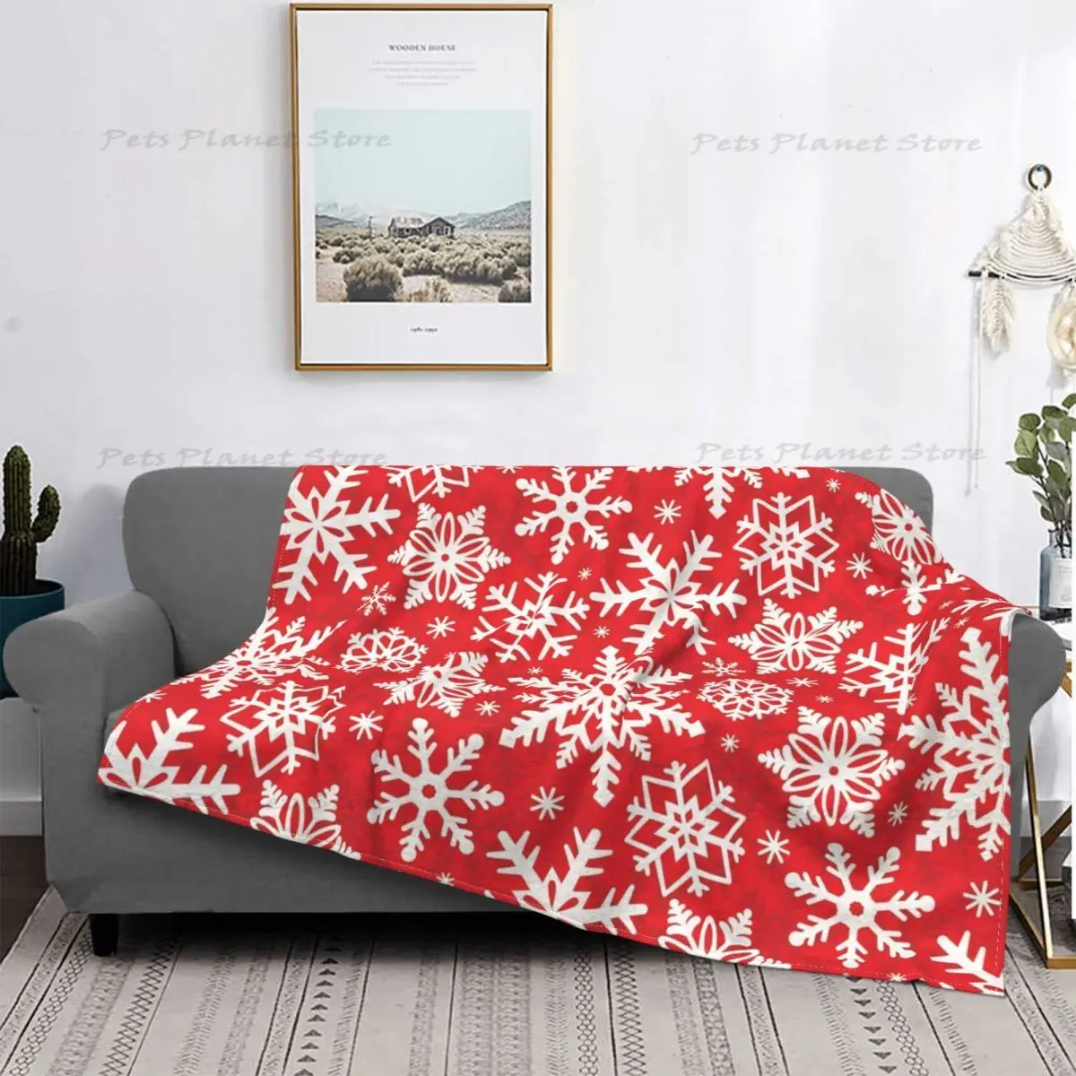 

Red Snowflake Christmas Blanket Fleece Decoration Winter Holiday Portable Super Soft Blanket Family Car Bed Cover