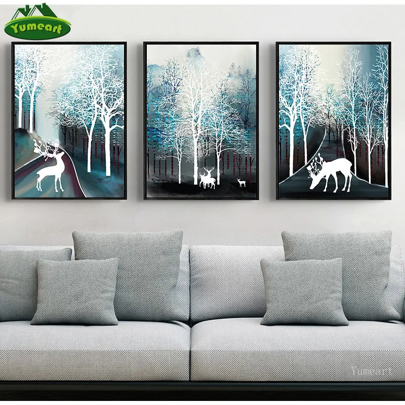 Современный стиль пятнистого оленя лес бег олень и Птицы Печать на холсте плакат