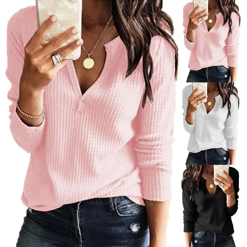 

Fashion Women V Neck Solid Color Long Sleeves Loose Casual Top T Shirt Blouse
