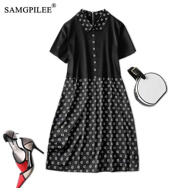 

Летнее женское платье 2021, новое Повседневное платье-трапеция с буквенным принтом, лоскутное платье с коротким рукавом и пуговицами, Платье ...