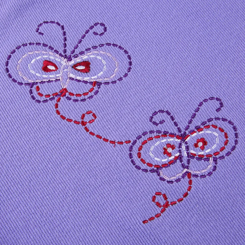 

2021 Summer Women Sexy Solid Purple Butterfly T Shirt O Neck Embroidery Flower Pullover Short Top Patchwork Short Sleeve