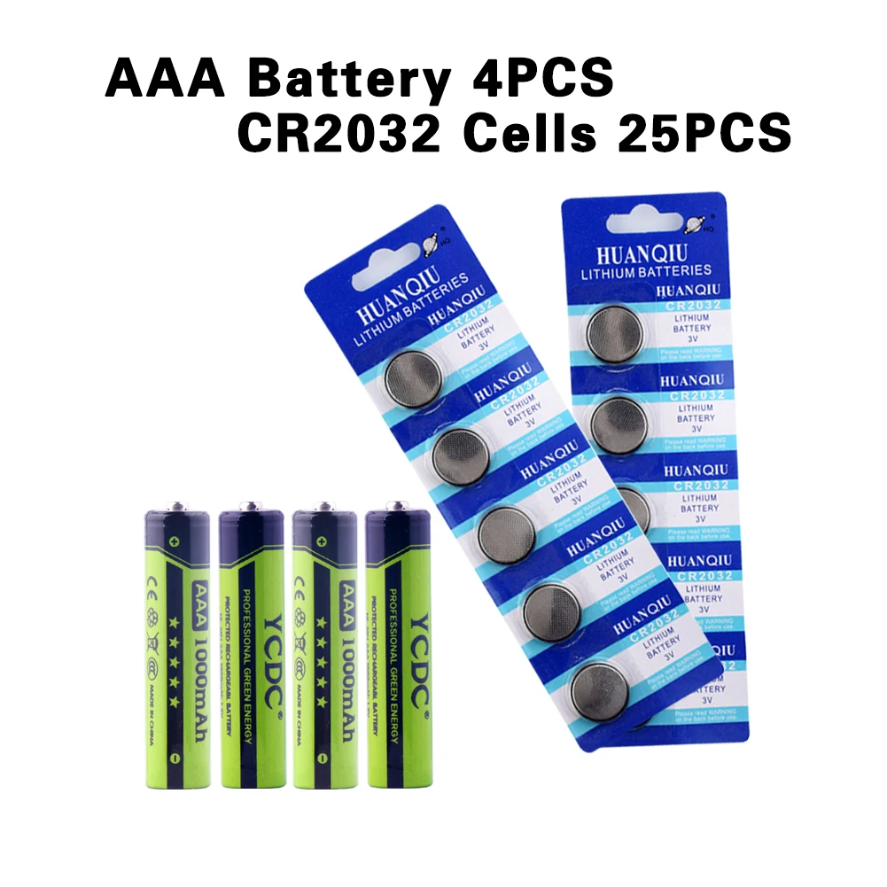 4 шт YCDC AAA 1000mAh Bateria 1 2 V Ni MH аккумуляторная батарея с 25 CR2032 CR 2032 кнопочные батареи для
