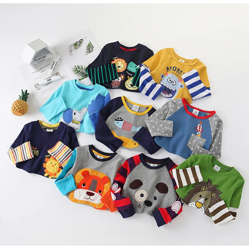 2022 Spring Autumn For 2-8 9 10 Years Children Cotton Striped Color Patchwork Cartoon Animal Baby Kids Boys Long Sleeve T-Shirts