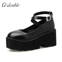 u double chunky heels with platform lolita shoes women cross tied black college style student shoes comfortable mary jane shoes