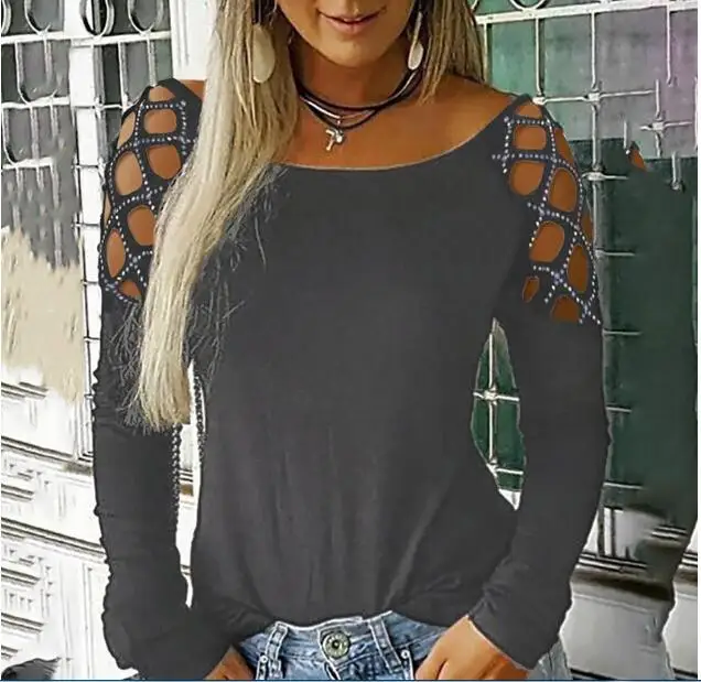 

Summer and Autumn New Women's Round Neck Rivet Hot Drilling Hollow Out Long-sleeved T-shirt Top Plus Size