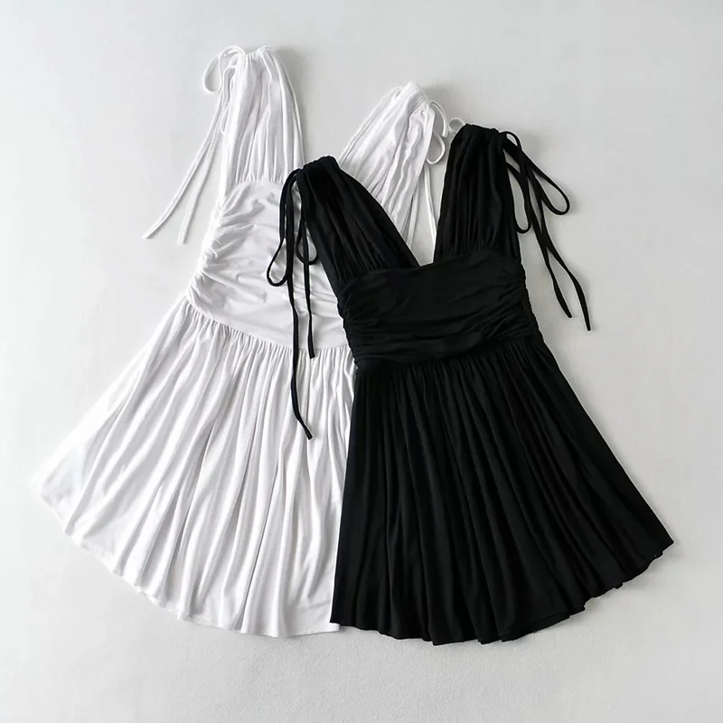 

WOMENGAGA Hot Girl Sexy Low-cut Slim A-line Mini Dress Women European Fashion Backless Lace-up With Ruched Dresses IL78