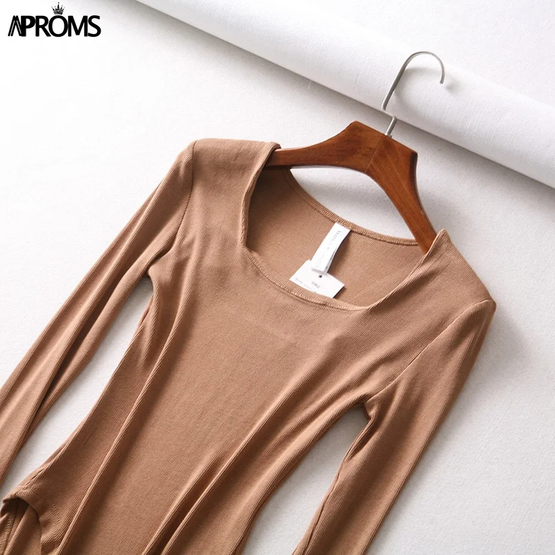 Aproms белый квадрат шеи трикотажные боди Для женщин пикантные Ribbed Long Sleeve Slim Fit боди уличная комбинезон для Для женщин топ
