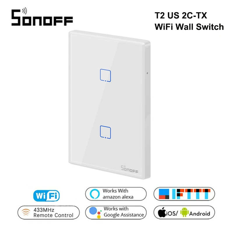 US-T2-2C Интеллектуальный выключатель света SONOFF T2/T3 нам TX черный 1/2/3 RF 433 МГц RF пульт Управление Беспроводной Wi-Fi Сенсорный настенный светильник переключатель умный переключатель дистанционного Управление Google Home Alexa - Цвет: US-T2-2C