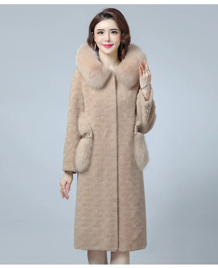 Beige UHYTGF осенне-зимнее пальто из искусственного меха для женщин, теплое длинное пальто с меховым воротником и капюшоном, большие размеры, женская меховая куртка, женское плюшевое пальто 1031 - Color: Beige