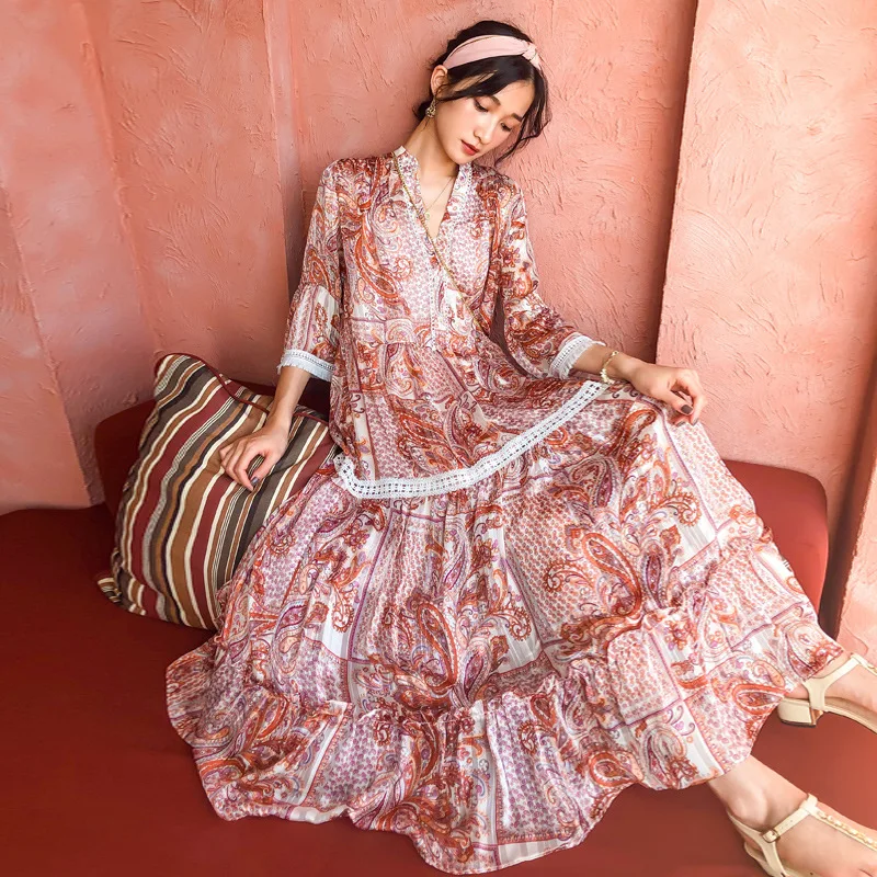 2020 Women Bohemian Style New Design V-neck Long Dresses Flare Sleeve Printing High Quality Holiday Clothing | Женская одежда