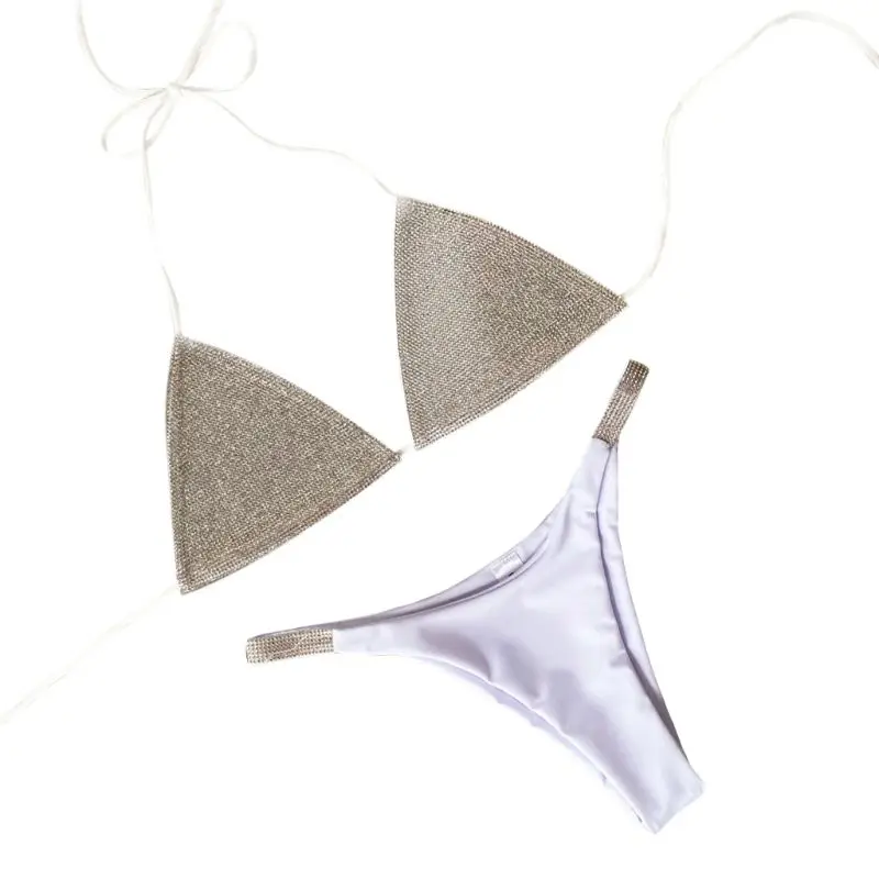 

H9ED Women Sexy Two Piece Bikini Set Luxury Shimmer Rhinestone Halter Bra Swimsuit Low Rise Triangle Bottoms Push Up Bandage