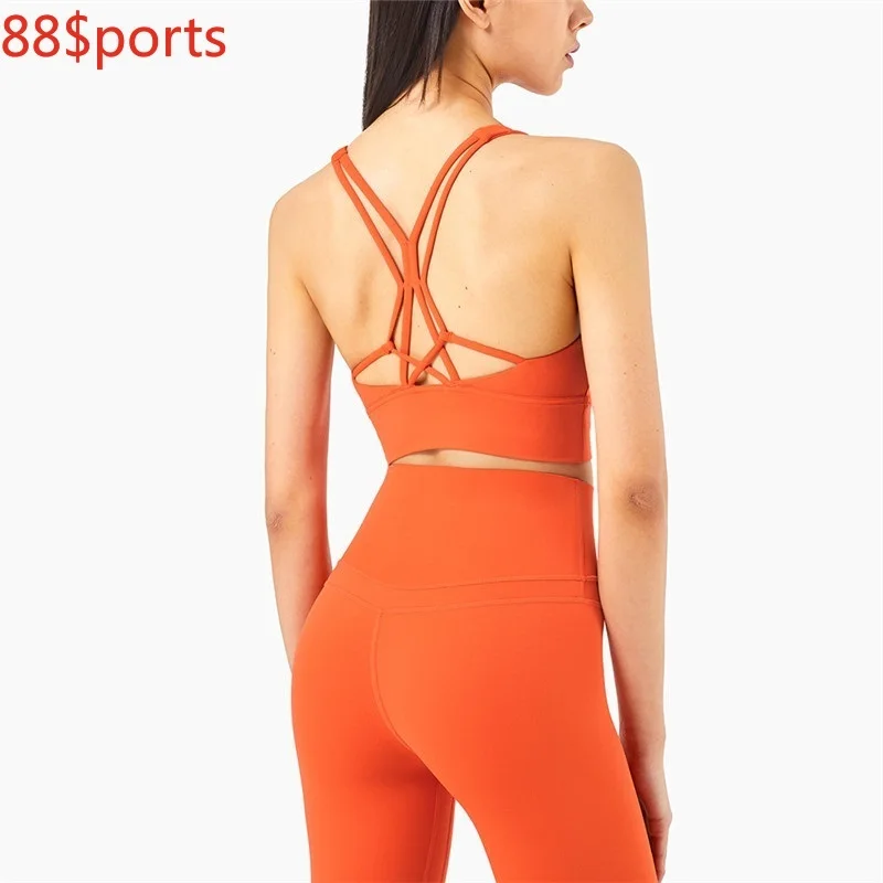

Fitness Tights Women Sports Bra Push Up Female Gym Top Yoga Vest High Impact Shockproof Cross Without Steel Ring With Chest Pad
