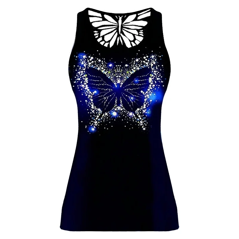 

Sleeveless Vest Women Butterfly 3D Print Sleeveless Shirt Summer Back Hollow Out Vest Plus Size Tank Tops