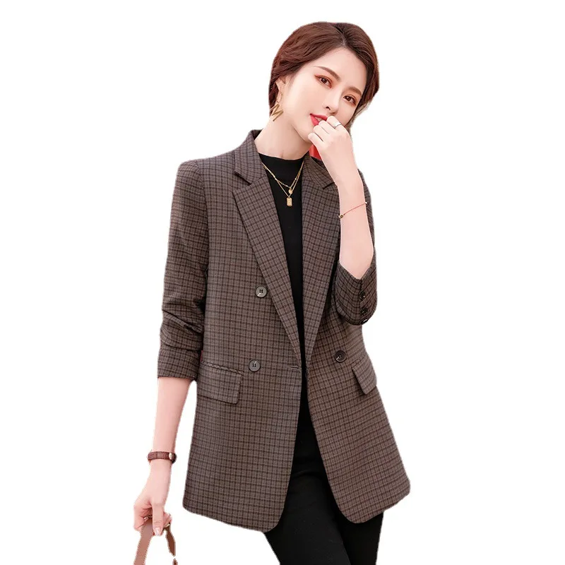 Brown Plaid Blazer Women's Long-Sleeved Mid-Length Spring and Autumn New Korean Style Elegant British Style Suit Top