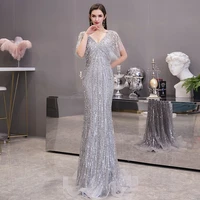 charming v neck heavy beaded evening dresses long sliver trumpet tulle sweep train evening luxury gowns