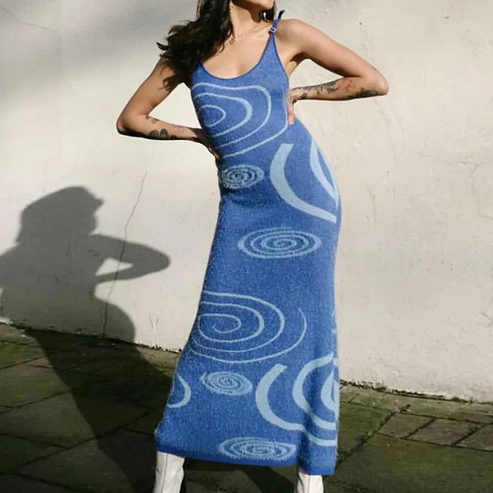 

Oeak Print Knit Bodycon Dress Women Green Y2K Summer Hollow Out Sexy Sleeveless Spaghetti Strap Beach Midi Dresses Party