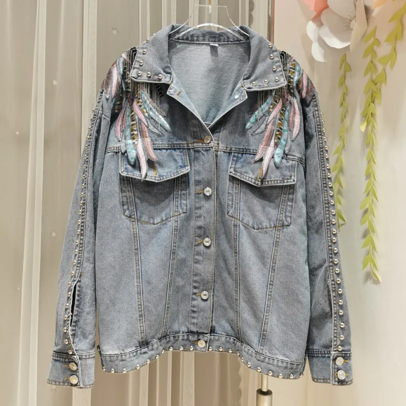 

2022 Autumn Denim Jacket Women Tassel Rivet Retro Wing Embroidery Casual Turn Down Collar Loose Jeans Jacket Women Clothes SL10