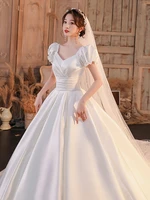 satin wedding dress 2021 sliver white new bride temperament main yarn palace wind advanced texture trailing retro super fairy