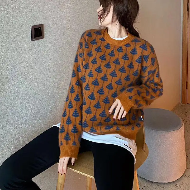 

Spring new round neck jacquard sweater women's loose long sleeve women's wear autumn and winter 2020 Plush thickened knitted bas
