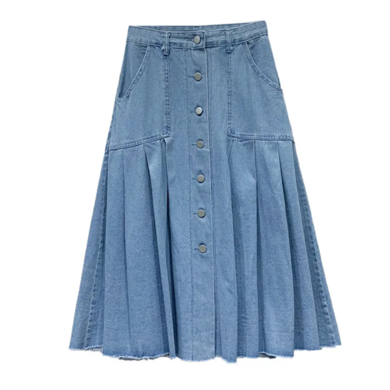 

IEQJ High Waist A-line Skirt Women Fashion Tide New Single Breasted Patchwork Pleated Hem Denim Blue Summer 2021 WR0103