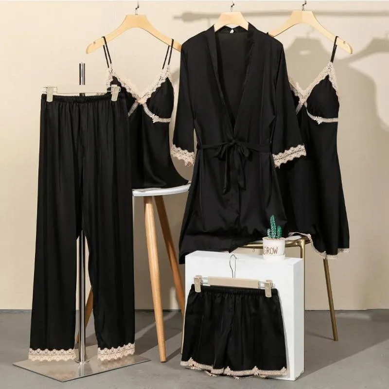 

Satin Pajamas Suit Summer PJS Sexy Sleepwear V-Neck Faux Silk Wedding Party Loungewear Kimono Robe Gown 5PCS Home Clothes