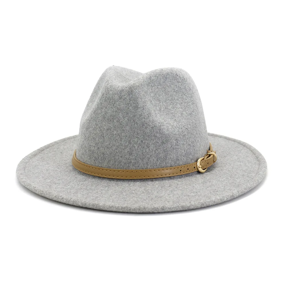 

Light Brown Belt Wool Felt Jazz Fedora Hat Women Unisex Wide Brim Panama Party Trilby Cowboy Cap Men Gentleman Wedding Hat