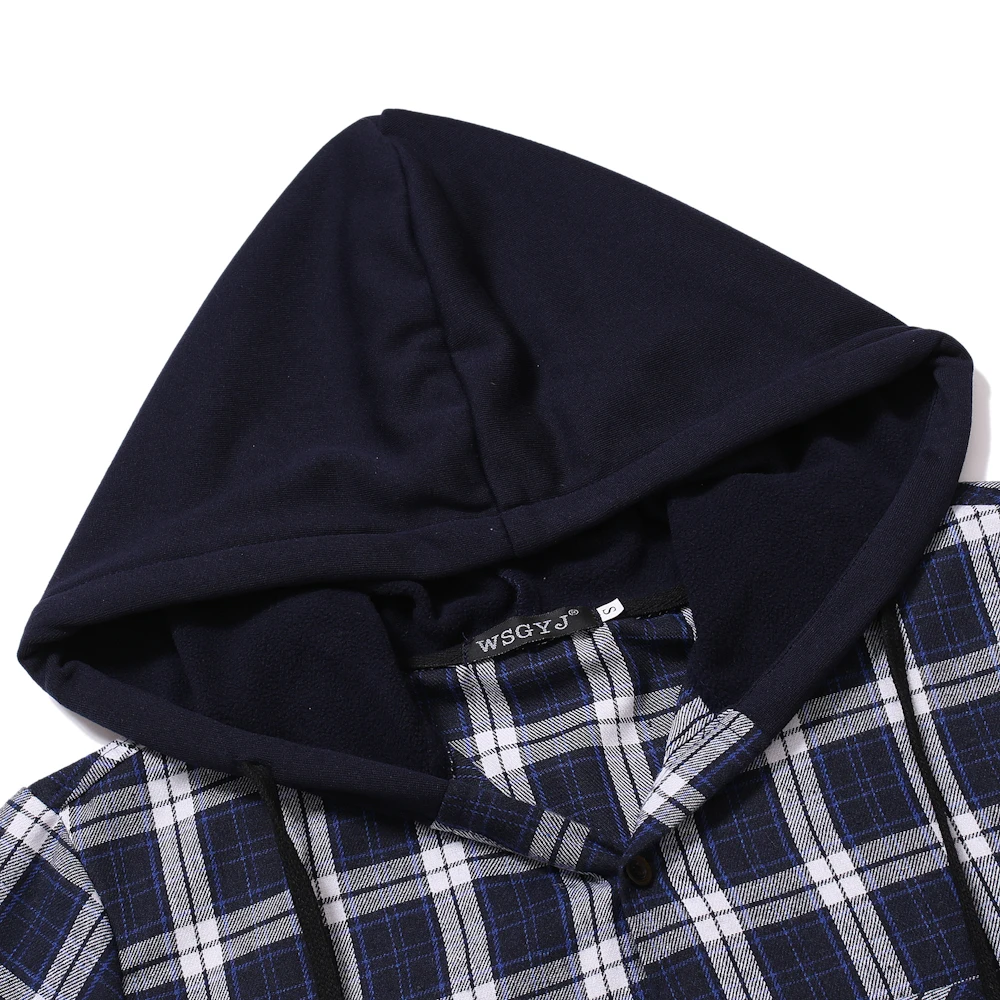 

Men's autumn new hooded long sleeve shirt check shirt casual loose foreign trade large size