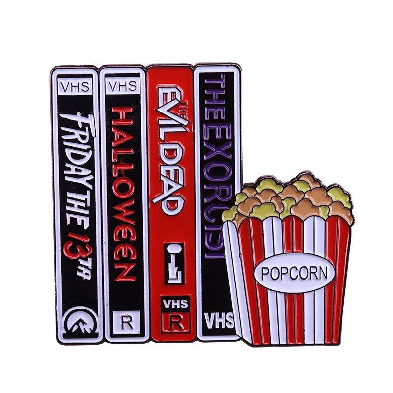 Эмалированная заколка VHS and chill в виде попкорна значок для фанатов фильмов ужасов