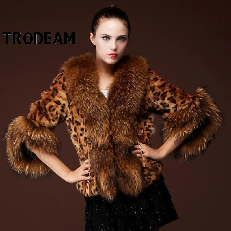 

Пальто из искусственного меха енота, с леопардовым принтом, с рукавом три четверти, с большим меховым воротником, короткое, Женское пальто, э...