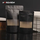 Матовый плотный черный картонный пакет из крафт-бумаги с застежкой-молнией, пакеты для чая, конфет, еды с прозрачным окошком для дисплея, стоячий упаковочный пакет