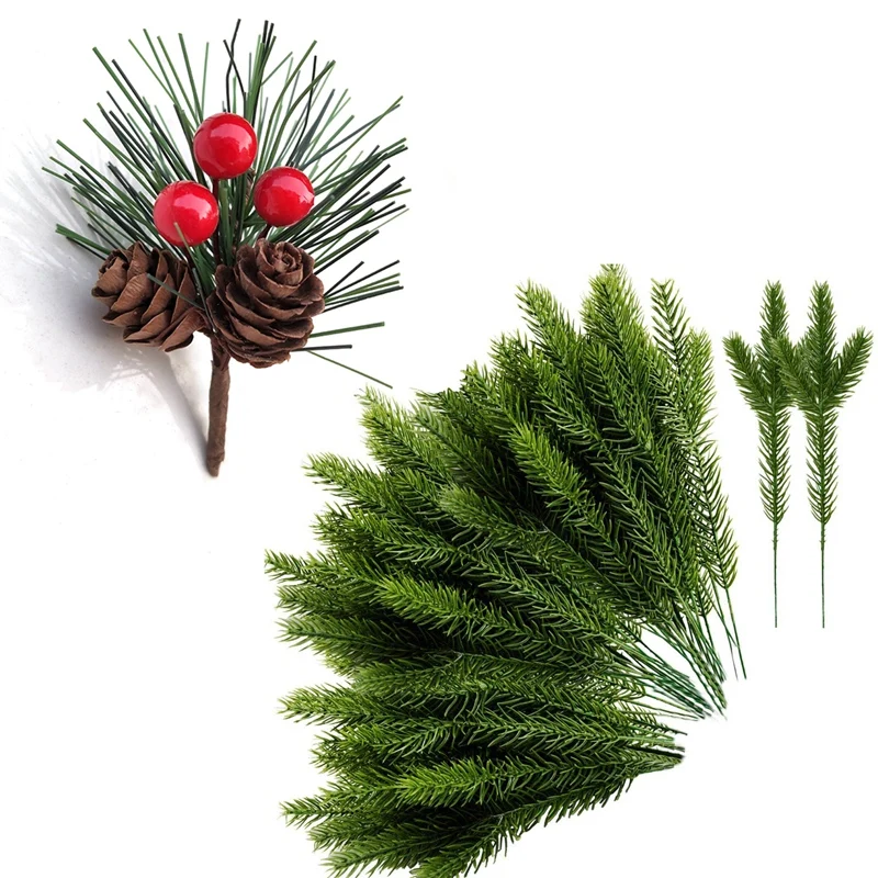 

30Pcs Artificial Pine Needles Green Plant With 20PCS Artificial Flower Red Christmas Berry And Pine Cone
