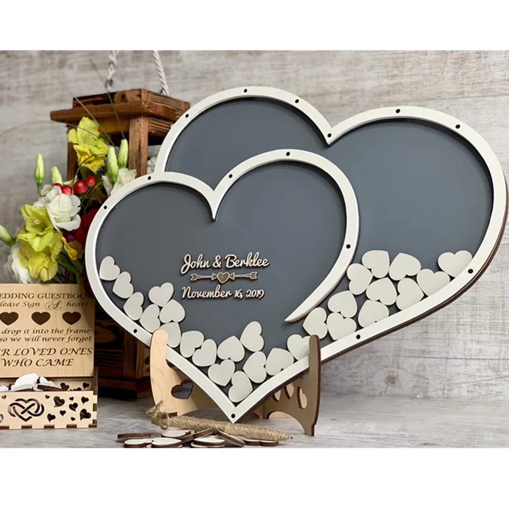 Custom Double Heart Shape Wedding Guest Book Decoration - Rustic Sweet Heart Drop Box Wedding Guestbook - Wooden Box 3D Drop Box Guest Book image 2