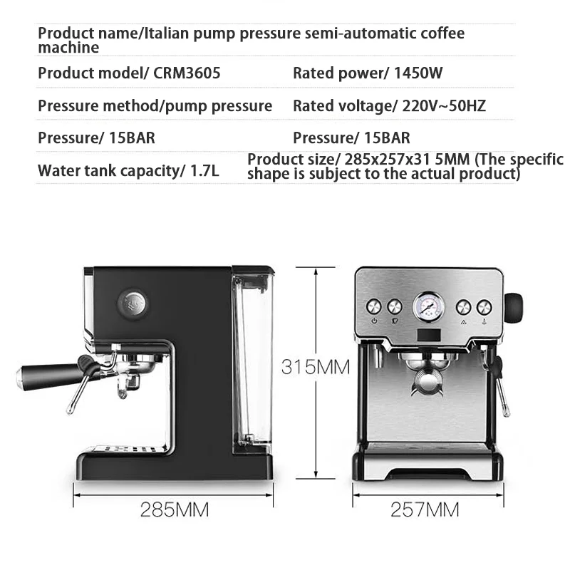 

15bar Coffee Maker Espresso Maker Semi-Automatic Pump Type Cappuccino Milk Bubble Maker Italian Coffee Machine CRM3605 for Home
