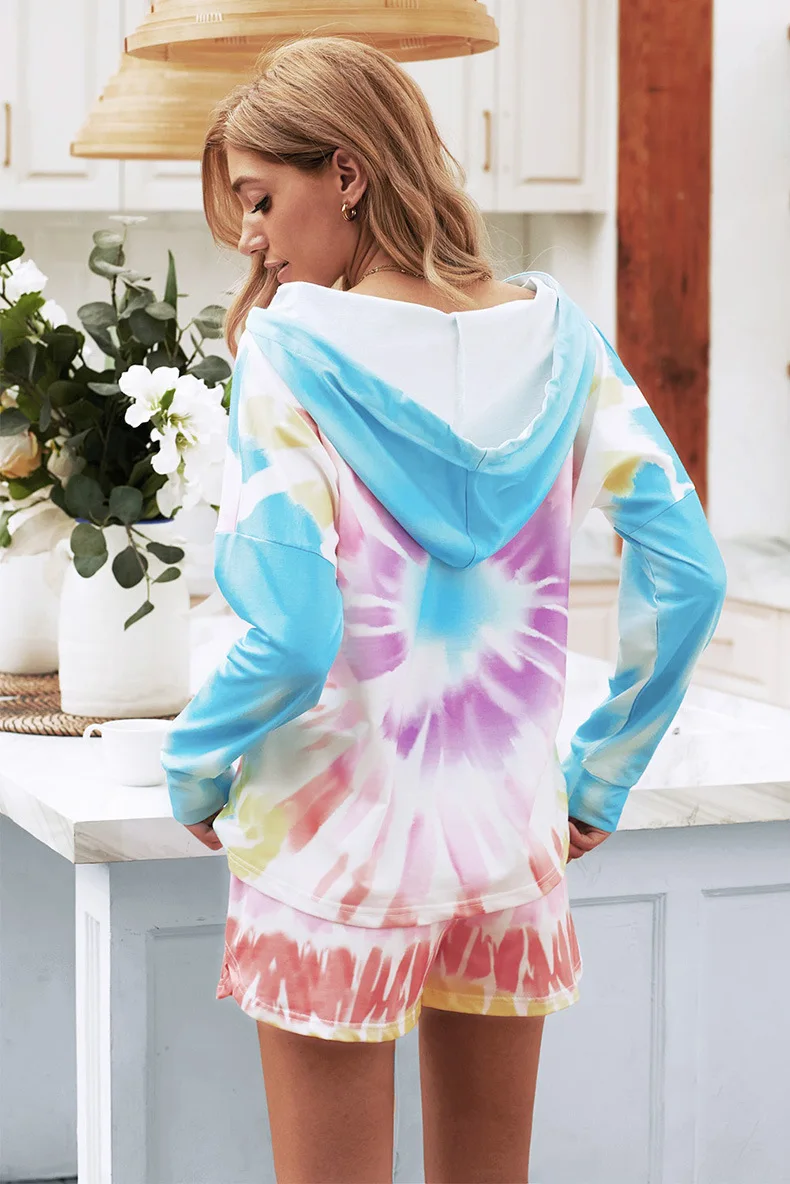 2021 Spring and Autumn New Women's Pajamas Tie-dye Hooded Long-sleeved Shorts Home Service Pijamas Women Sleepwear Sleep Tops