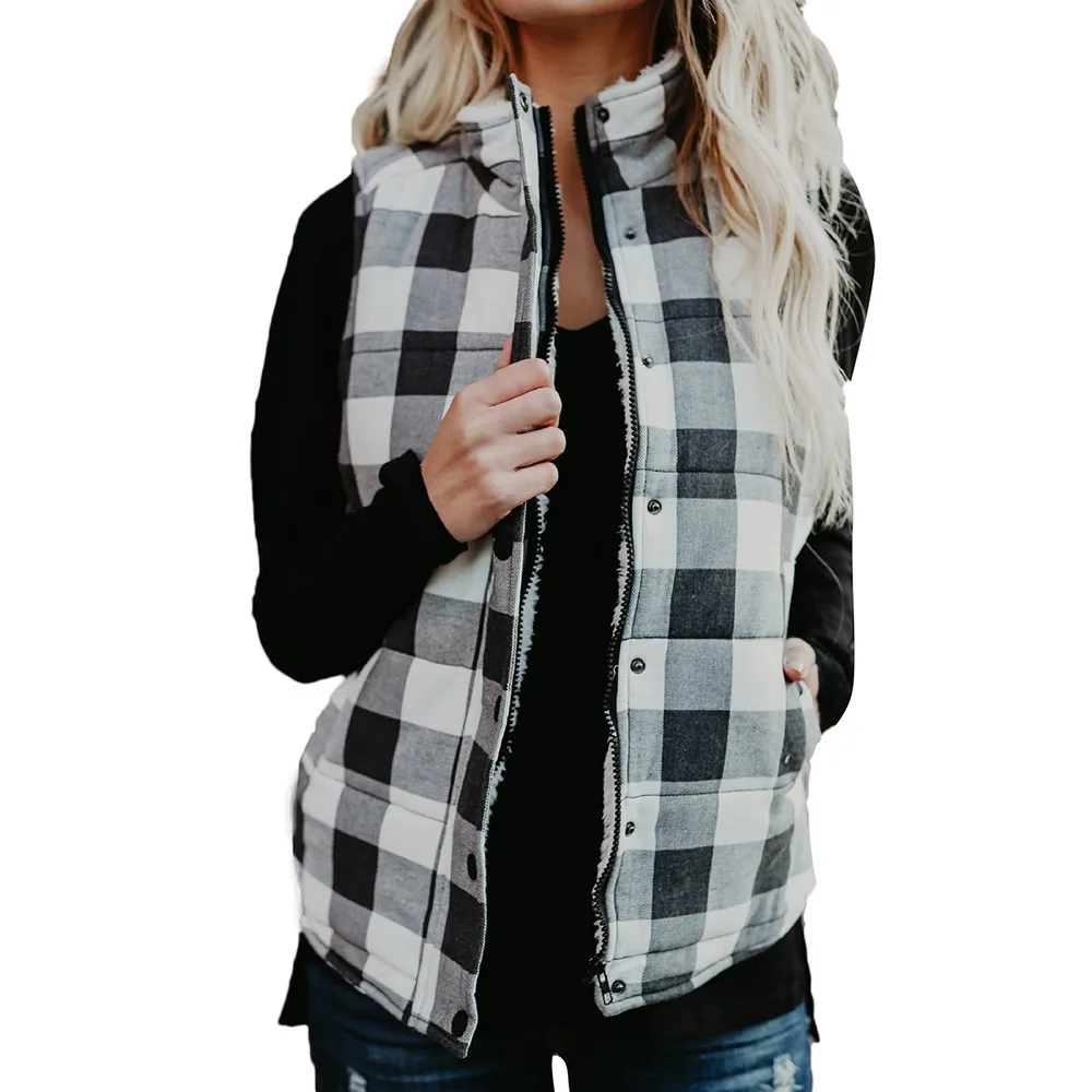 Осенний Повседневный жилет Женский клетчатый без рукавов с высоким воротом плюс