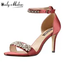 Женские шелковые босоножки onlymaker, на высоком каблуке, украшенные стразы, с ремешком на щиколотке, свадебные туфли с ремешком, EU45