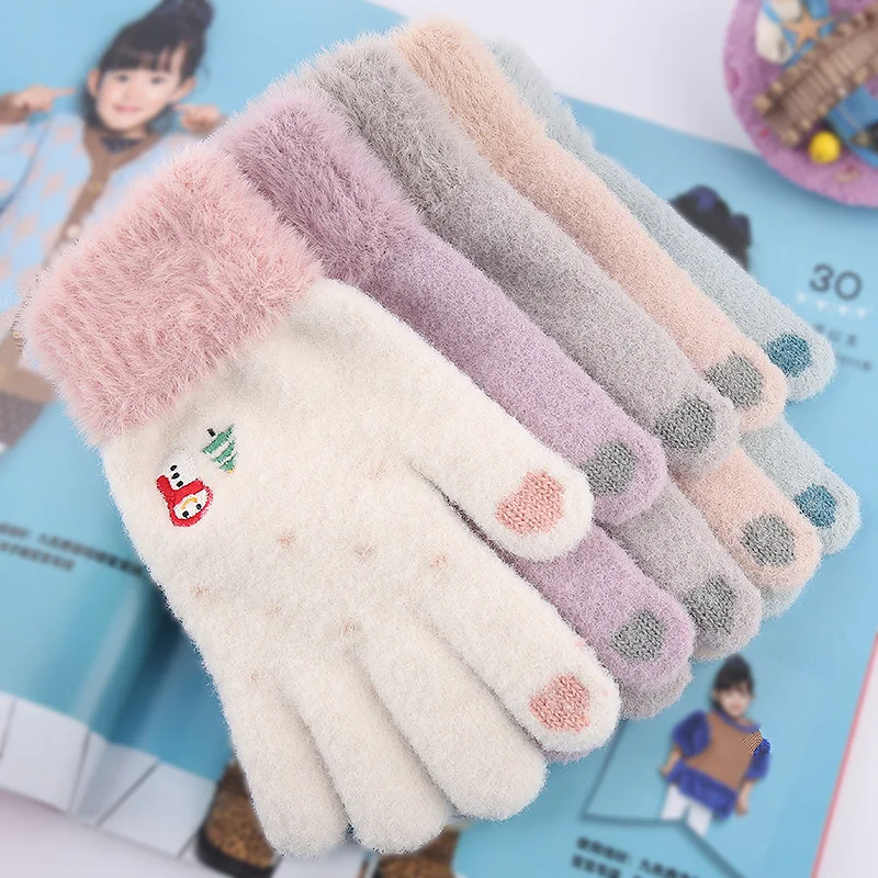 

Women's Cashmere Knitted Winter Gloves Adult Warm Thick Touch Screen Full Finger Skiing Glove Embroidered Snowman Christmas Gift