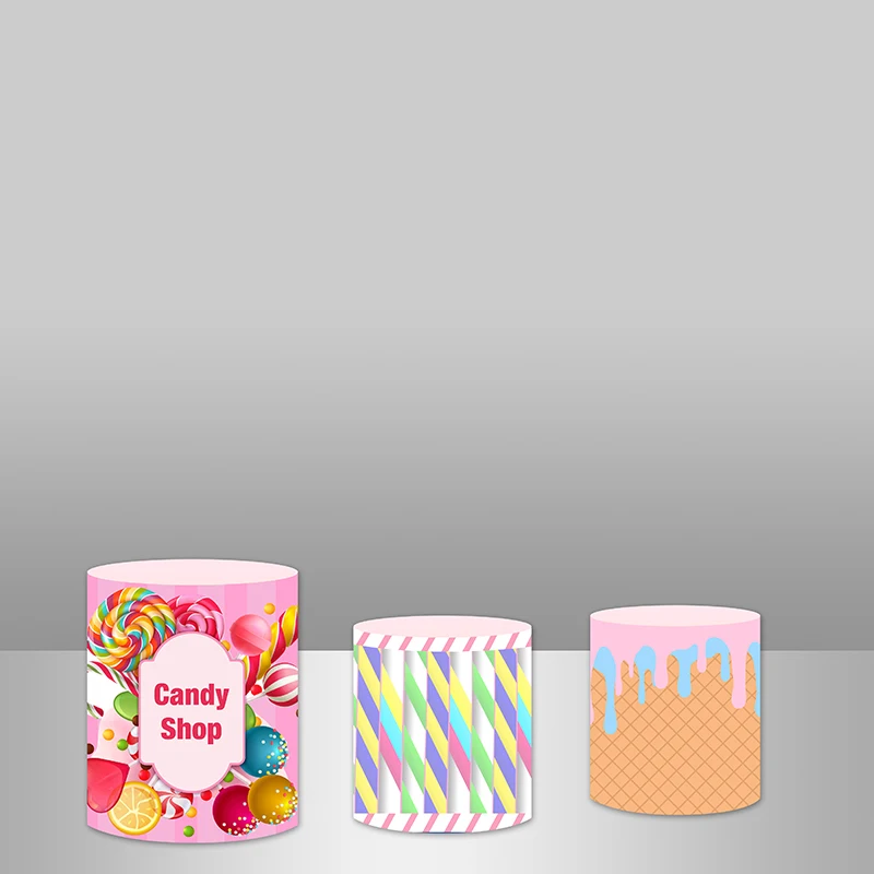 

Custom Kids Birthday Photo Backdrops Sweet Party Backdrop Banner Candy Bar Plinth Cover Cylinder