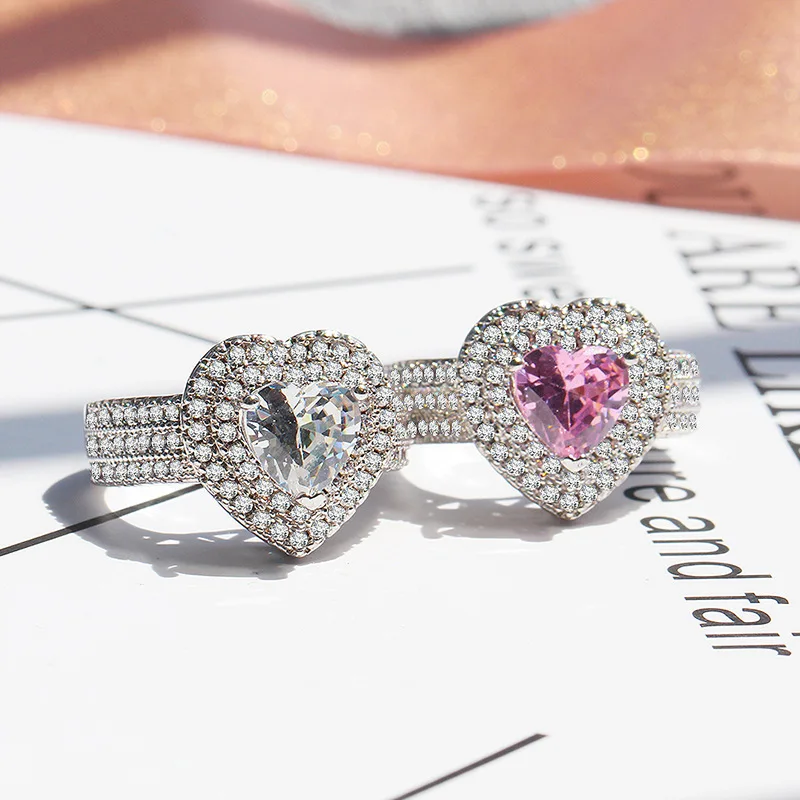 

Japanese And Korean Version Of Pink Heart-shaped Crystal Ring Elegant Ladies For Girlfriend Romantic Gift