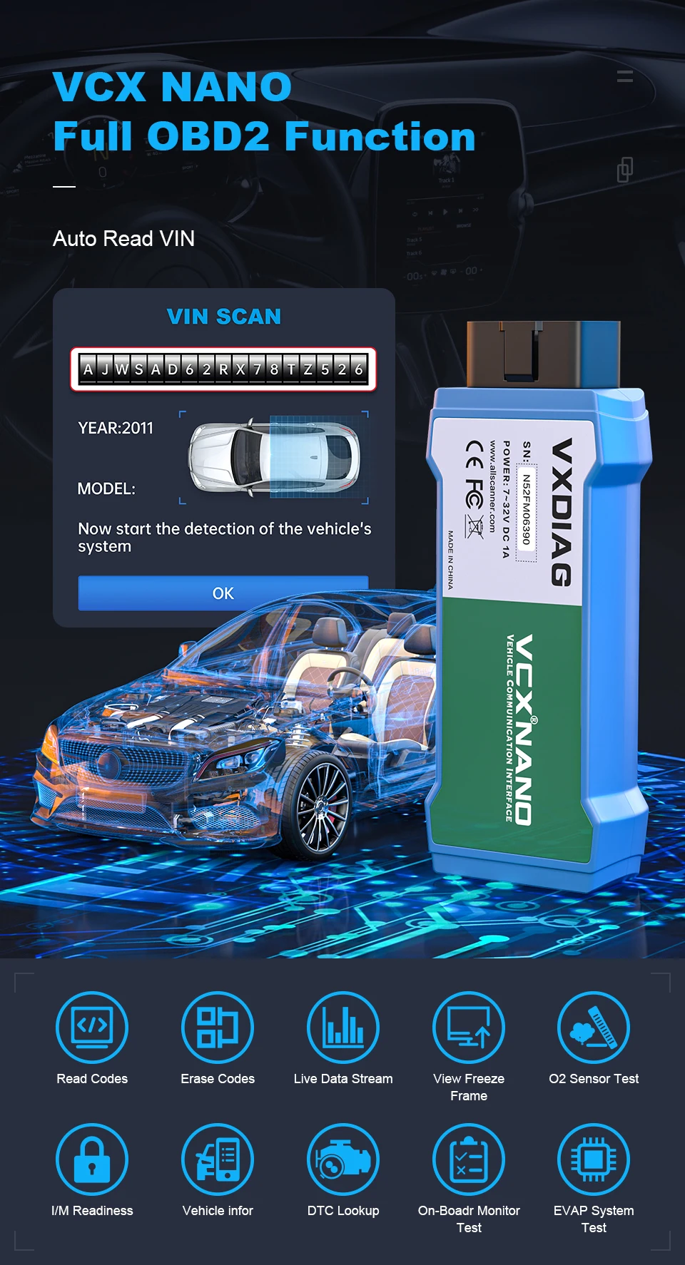 Оригинальный Автомобильный диагностический инструмент VXDIAG VCX NANO OBD2 для