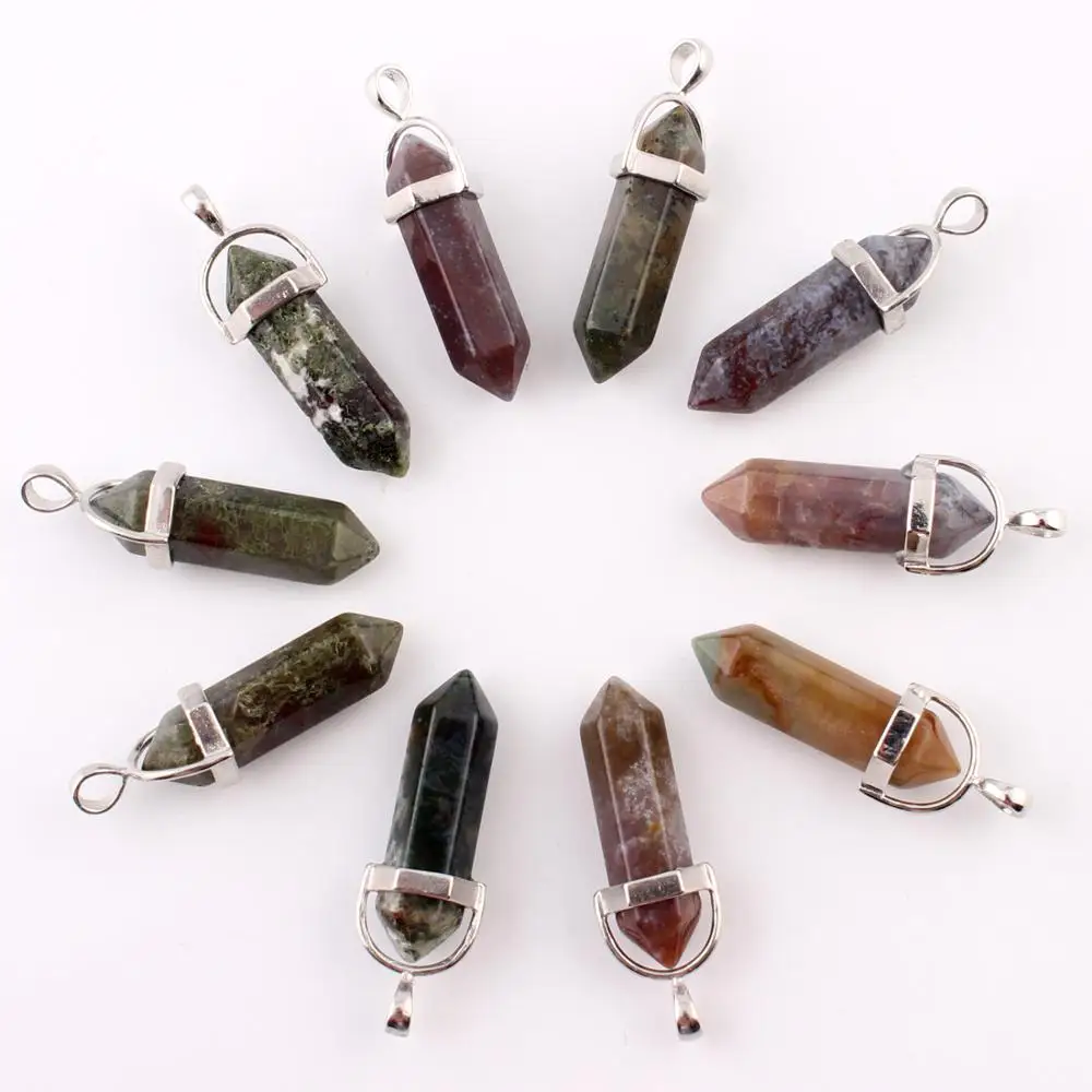 Indian Agate 10 шт./лот Черный обсидиан Природные Смешанные Камни Камень Точка Шестигранный Кристалл Ювелирные Аксессуары Заявление Женщины Ожерелье - Окраска металла: Indian Agate